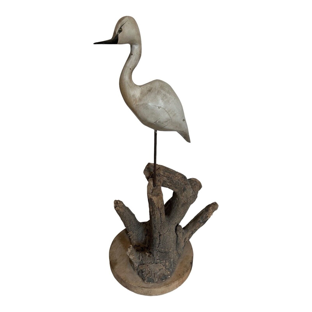 Swan Decoy Carved Wood White‎  on drift wood 25" tall Large SIGNED